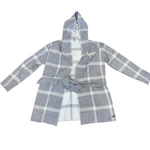 Anne Klein Gray Plaid Hooded Belted Cardigan‎ Sweater Womens Size Medium Office